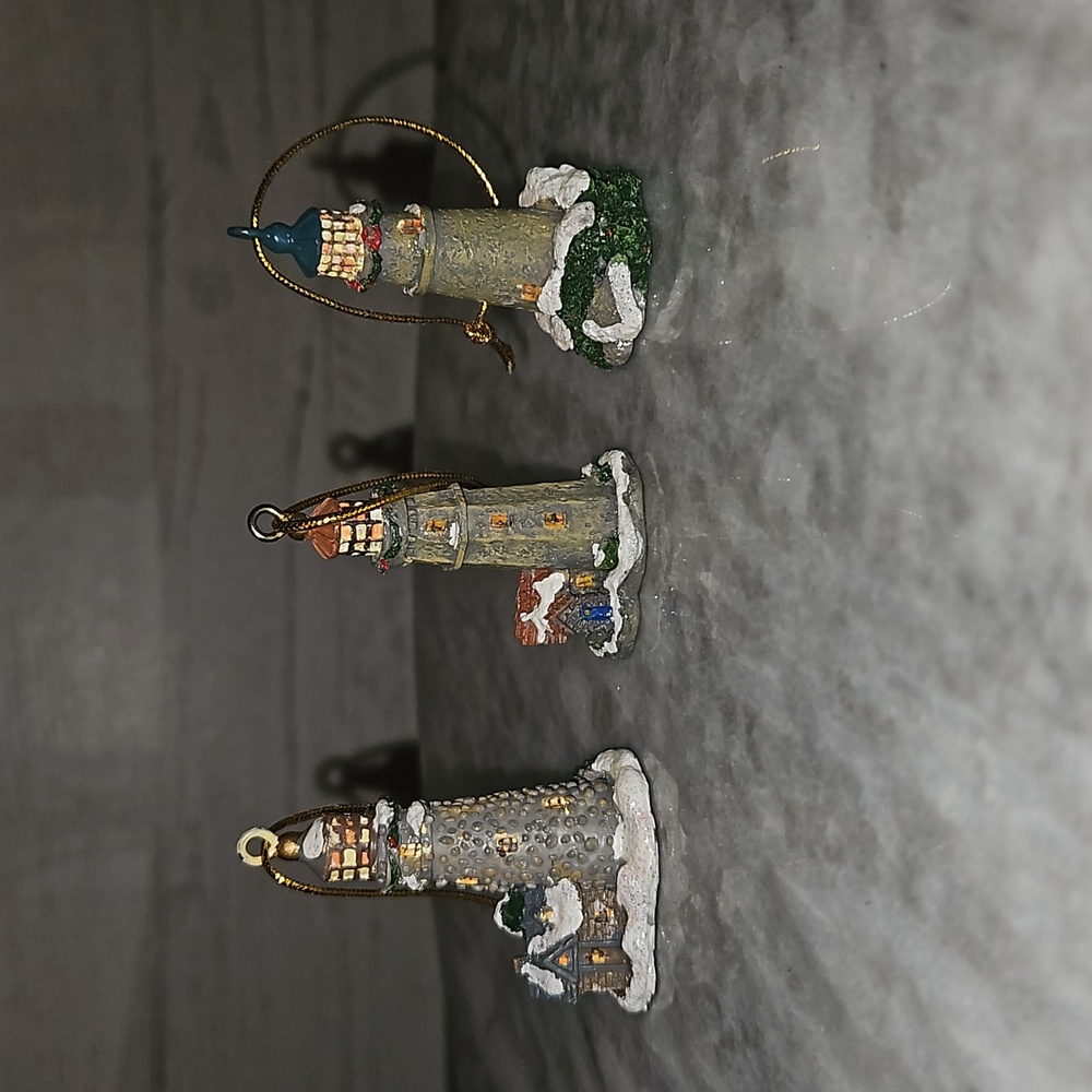 Vintage | Set of 3 Kurt Adler × Thomas Kinkade Lighthouse Christmas Ornaments
